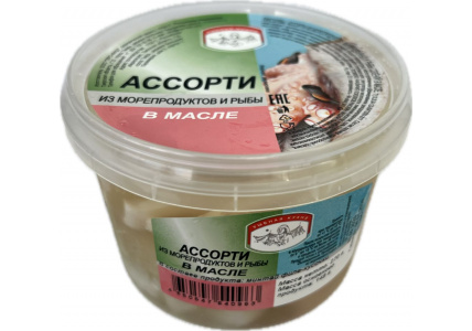 Ассорти из&nbsp;морепродуктов и&nbsp;рыбы (минтай) в&nbsp;масле, 270г