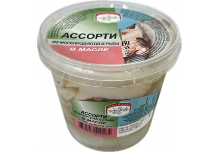 Ассорти из&nbsp;морепродуктов и&nbsp;рыбы (минтай) в&nbsp;масле, 350г